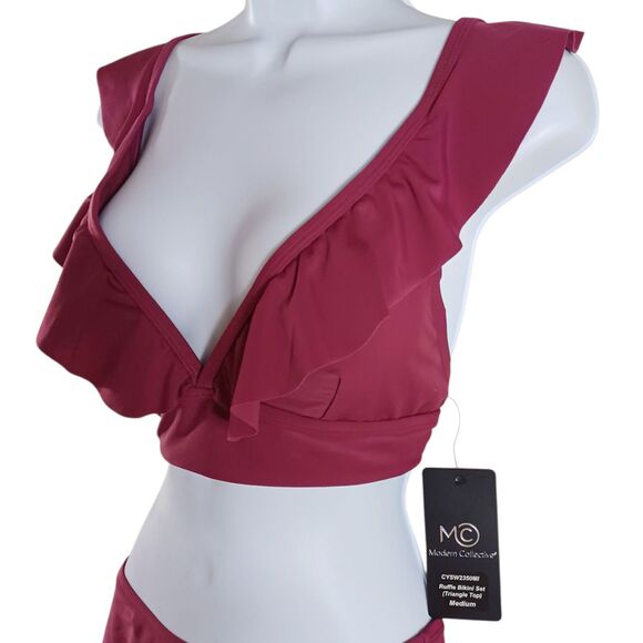 NWT Modern Collective Ruched Ruffle Bikini Set M Wine V-Neck High Waist Swimsuit - Picture 3 of 8